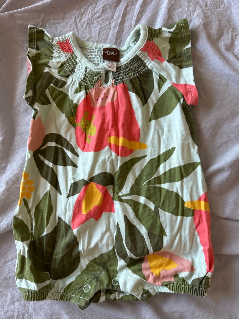 Tea Baby Floral Green & Coral One-Piece Romper